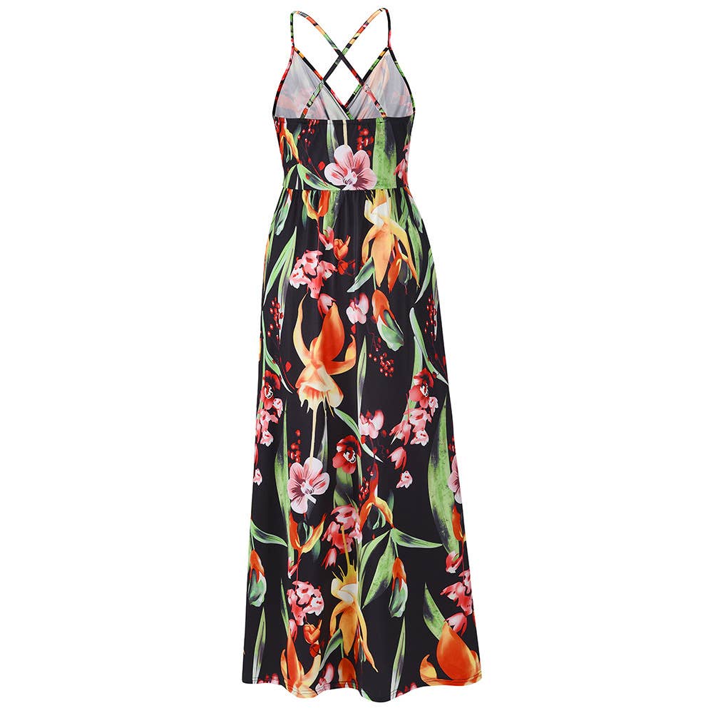 Bohemian Floral Print Spaghetti Strap Long Dress