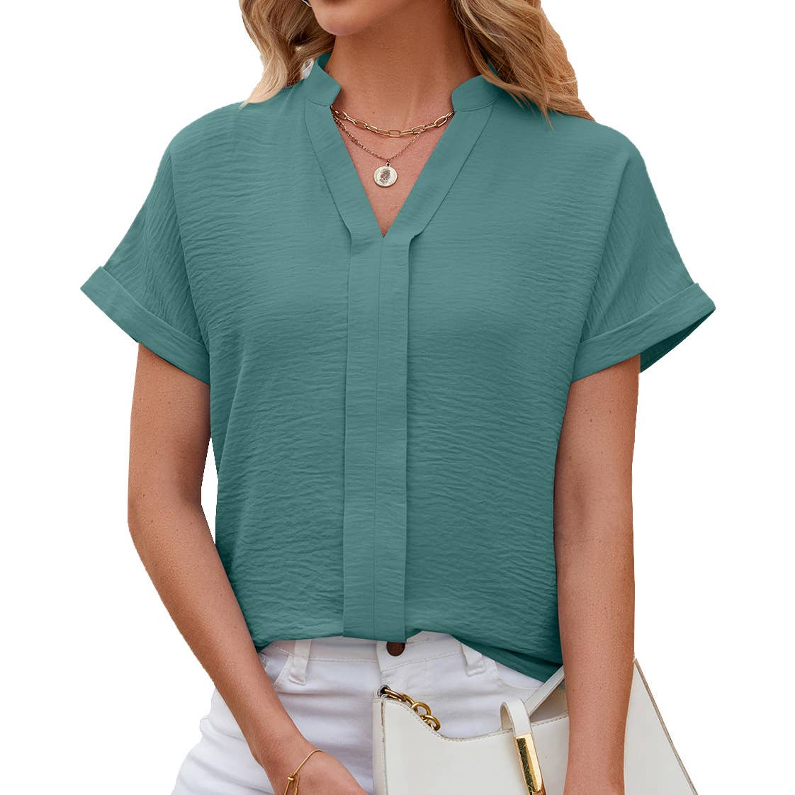 Chiffon V-neck solid color short-sleeved shirt