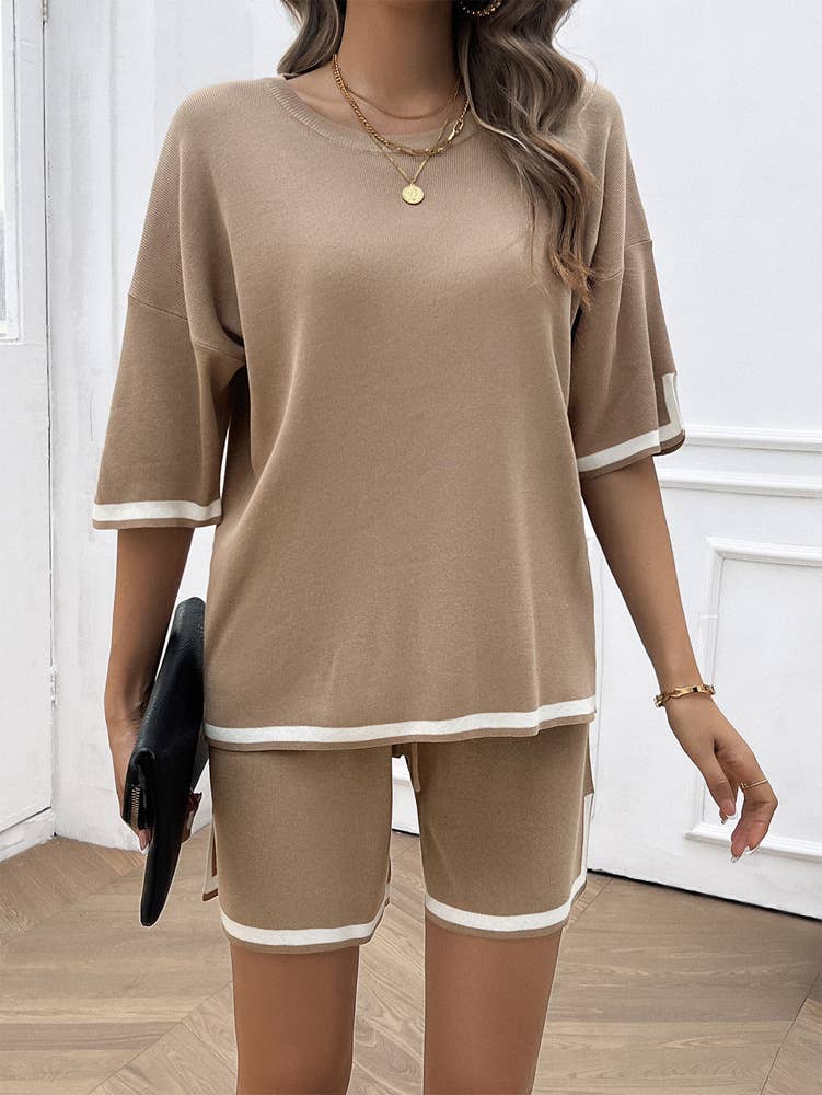 CREW NECK STYLE CASUAL SHORT SWEATER SET