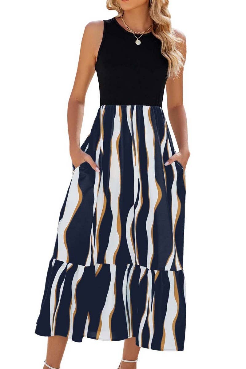 CREW NECK SLEEVELESS PRINTED TIE DYE DRESS_CWDMD1140