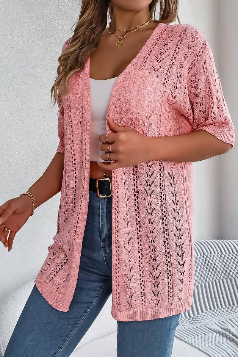 CWTBLS1057_SUMMER SHORT-SLEEVED HOLLOW-KNIT SUNSCREEN SHIRT