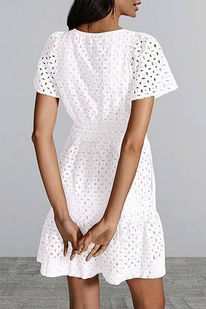 CWDSD8516_V-NECK A-LINE LACE HOLLOW SHORT SLEEVE MINI DRESS