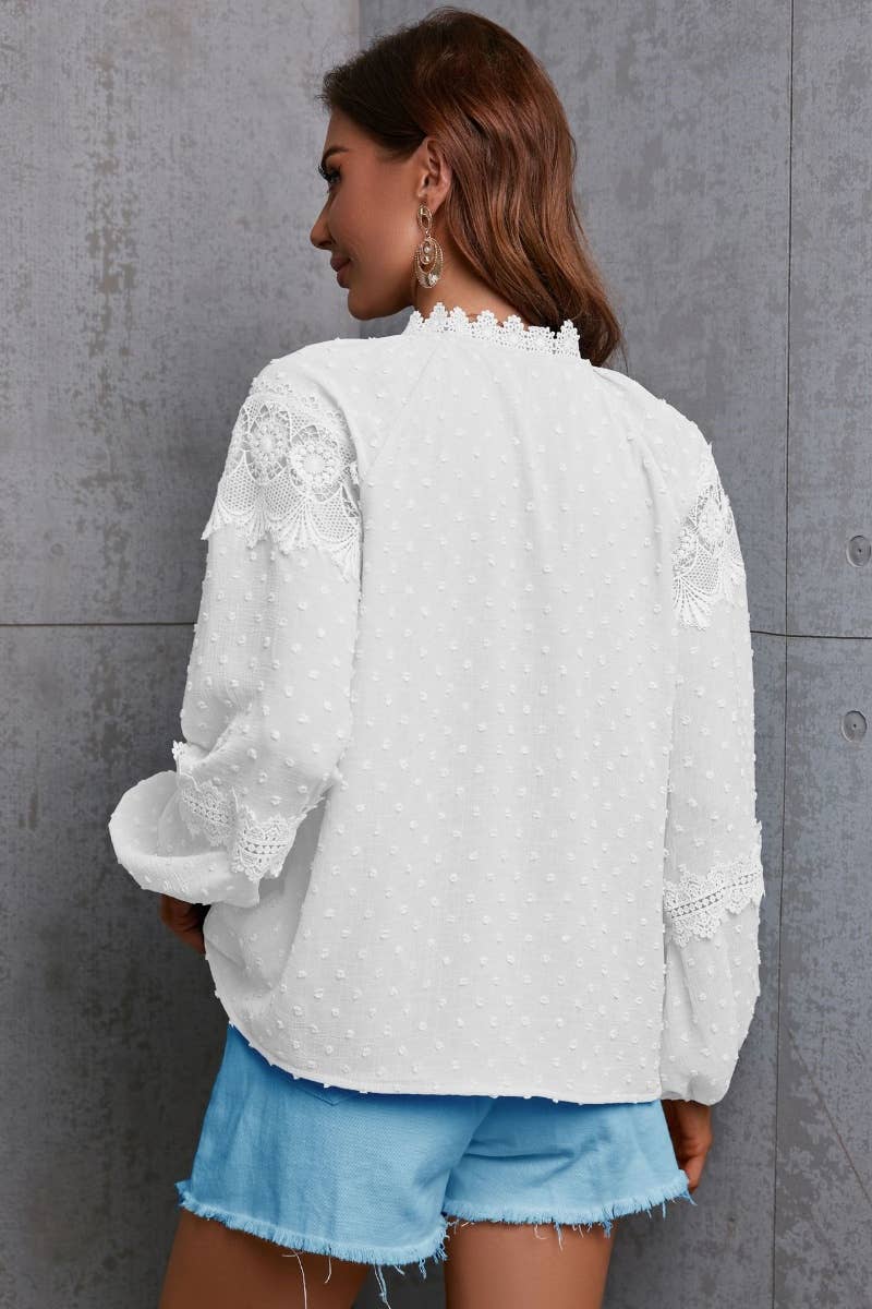 CWTBLL0831_CHIFFON HALF-NECK LACE PATCHWORK LONG-SLEEVED TOP