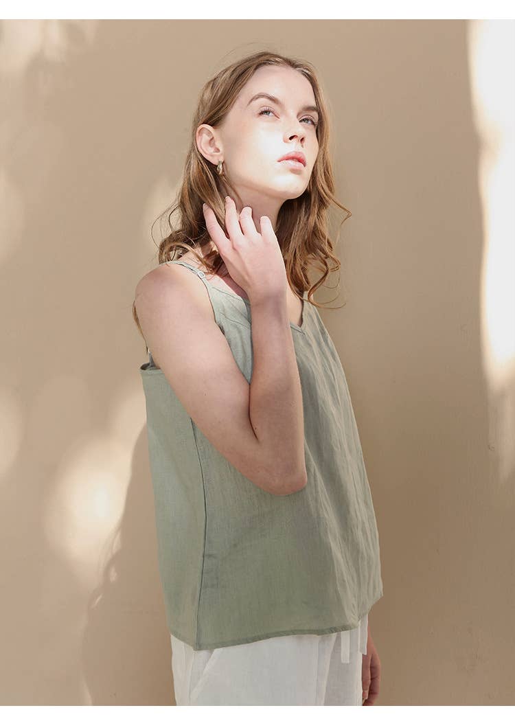 Cotton linen V-neck solid color loose halter top