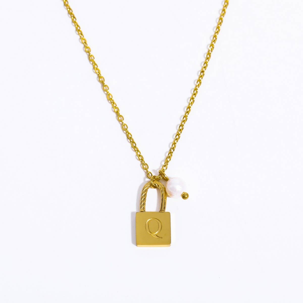 Stainless Steel Letter Pearl Lock Pendant Necklace_CWMM5298
