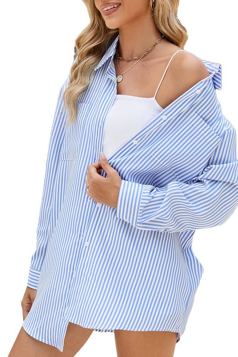 CWTSTL2064_LAPEL BUTTON CASUAL STRIPED LONG SLEEVE SHIRT