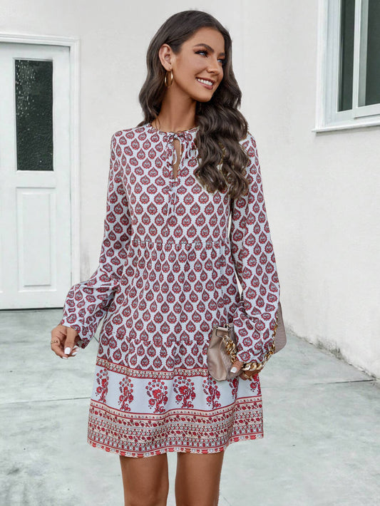 CLAN STYLE POSITIONING PRINT LONG-SLEEVED DRESS