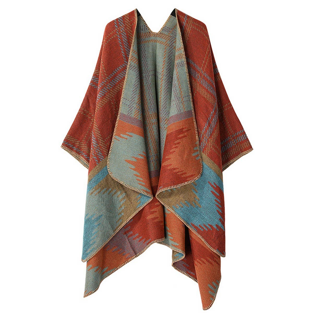 DOUBLE-SIDED PLAID FAUX CASHMERE SHAWL CAPE