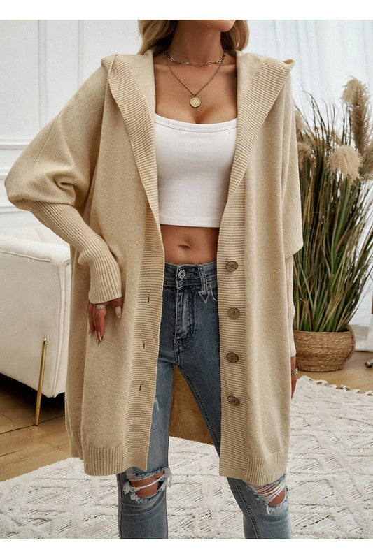 CWOCAL0873_Button Up Hooded Knit Sweater Long Cardigan