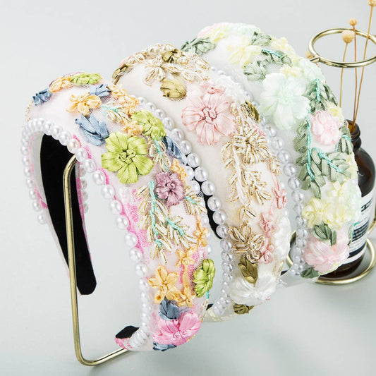 PASTORAL SPONGE PEARL FABRIC WOVEN FLOWER HEADBAND_CWAHA2115