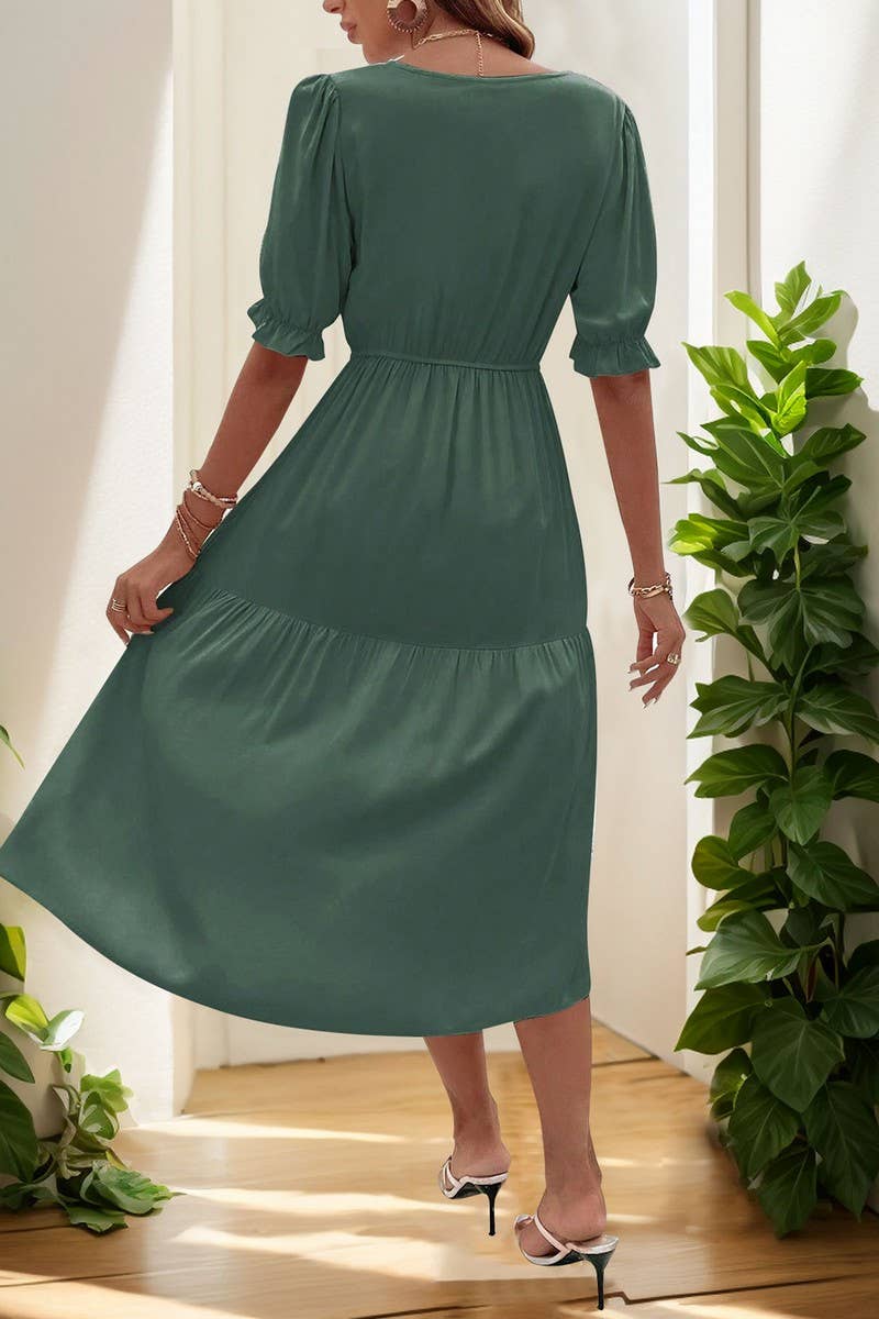 CWDMD5783_CASUAL RUCHED PUFF SLEEVE V-NECK SOLID DRESS