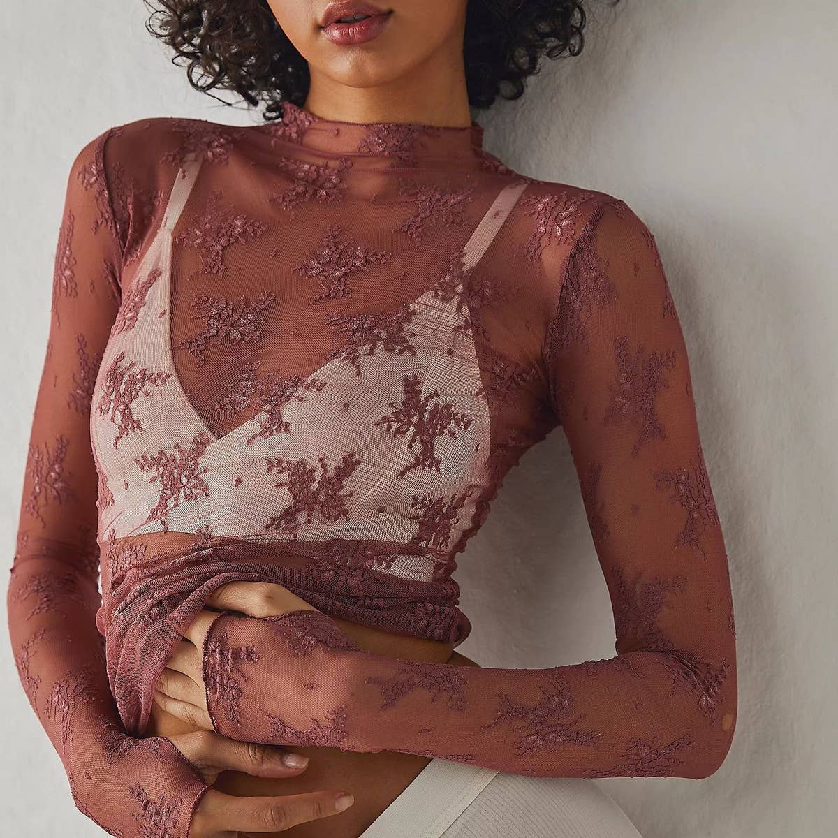 SEMI SHEER MESH LACE TOP BOTTOMING SHIRT