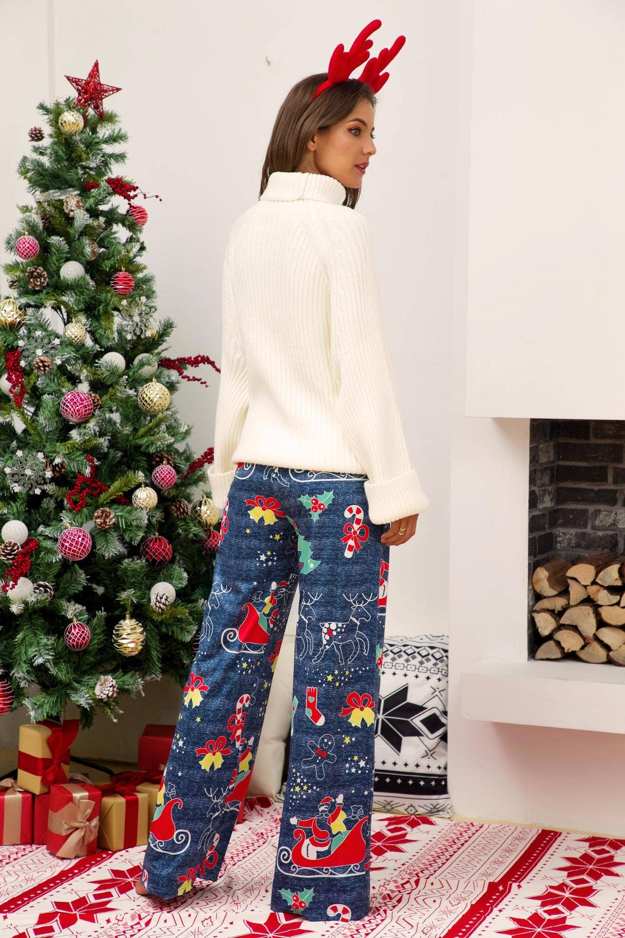 Christmas print patchwork lace-up wide-leg pants