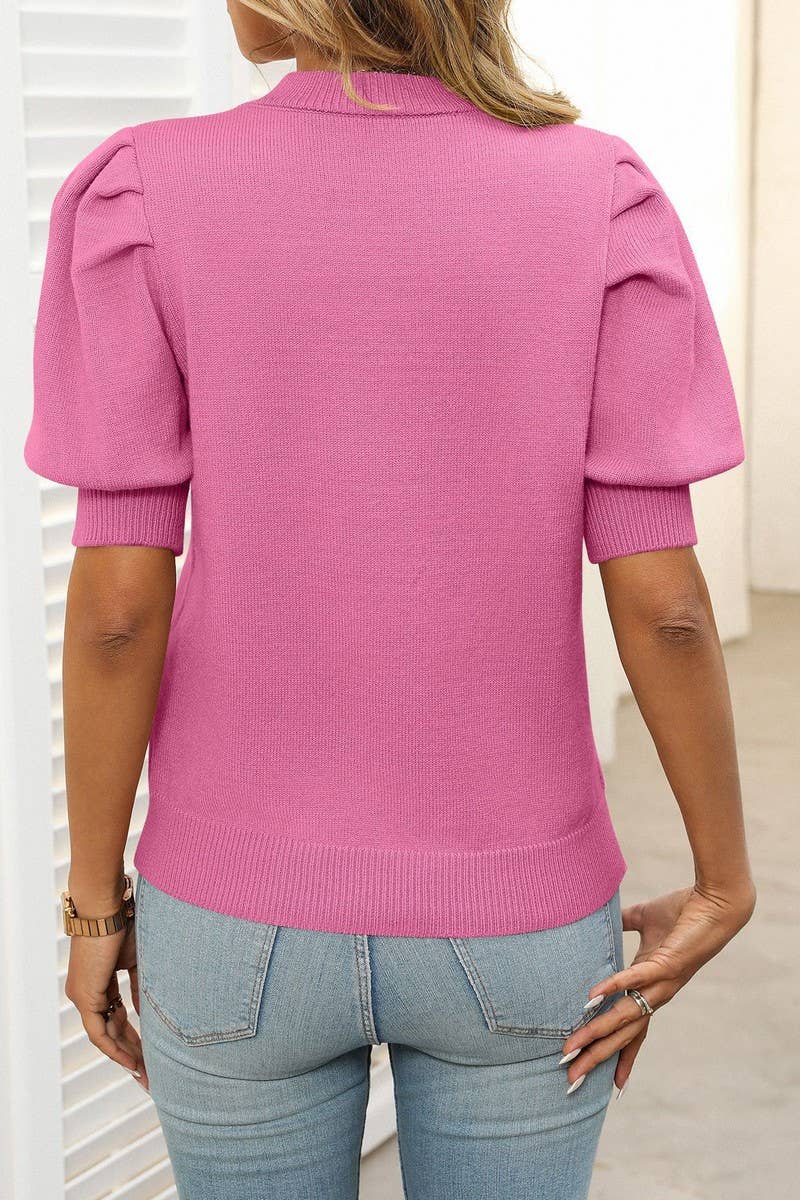 CWOSWS0126_SOLID COLOR ROUND NECK PUFF SLEEVE KNITTED TOP