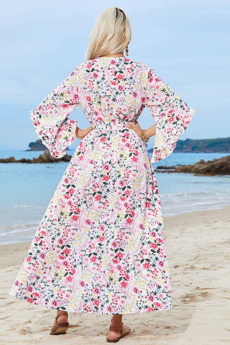 CWDMD4124_IRREGULAR V-NECK TIE SLIT BACKLESS RUFFLE DRESS