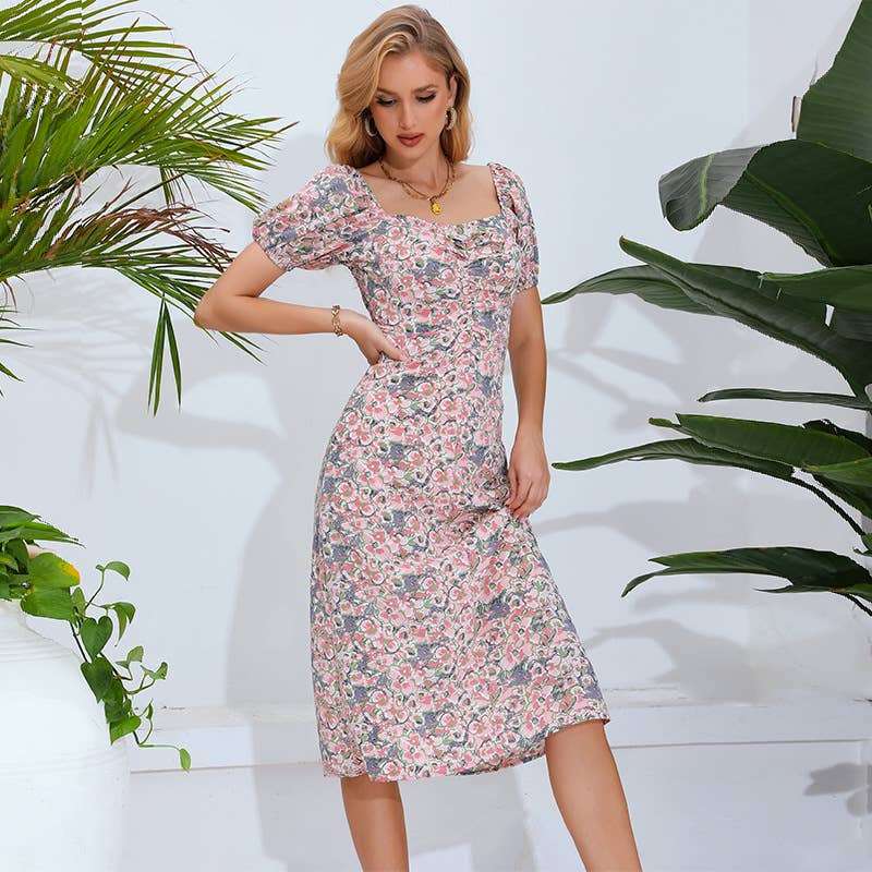 BOHO SHORT-SLEEVED DRESS WITH SQUARE COLLAR PRINT