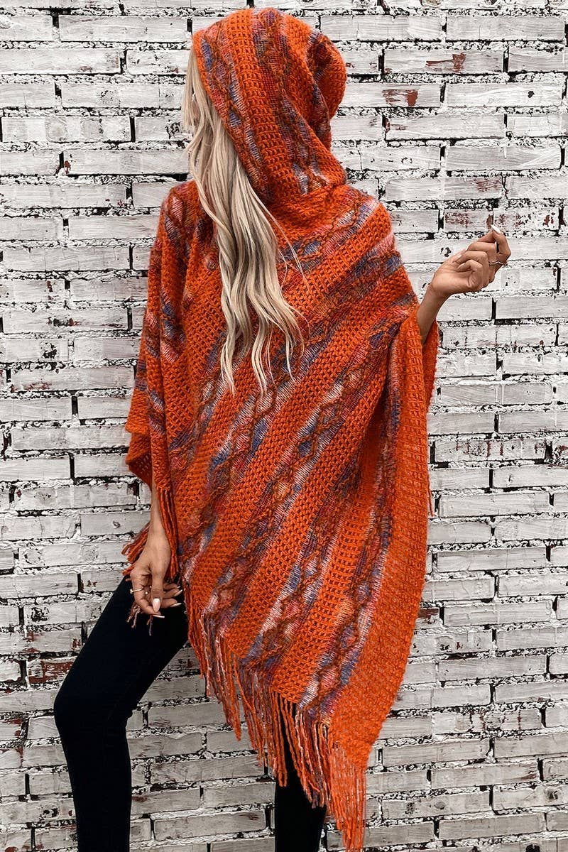 CWOSWS0091_STRIPED HOODED KNITTED FRINGED CAPE SHAWL