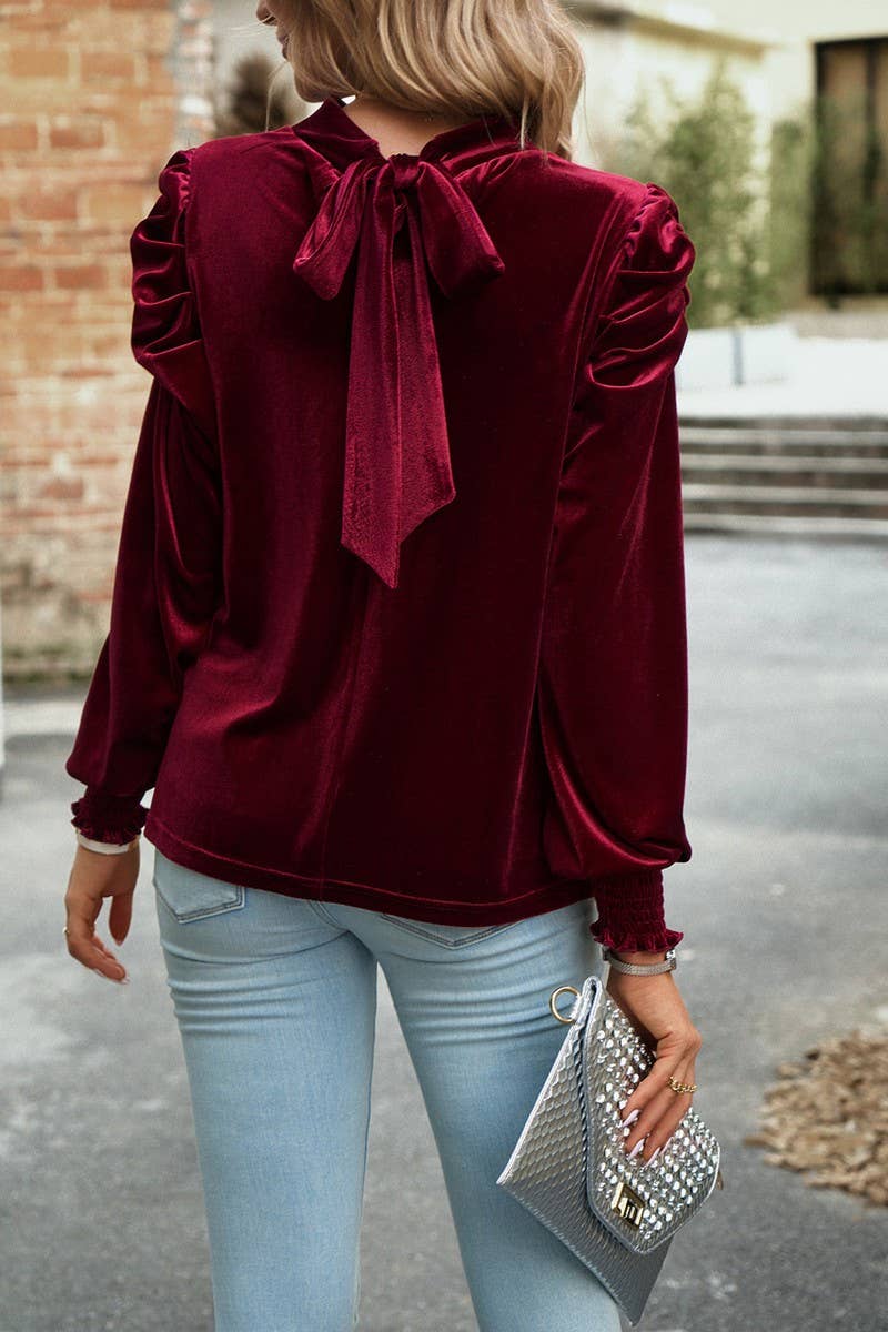 CWTBLL2790_VELVET PUFF SLEEVE TEMPERAMENT LONG SLEEVE TOP