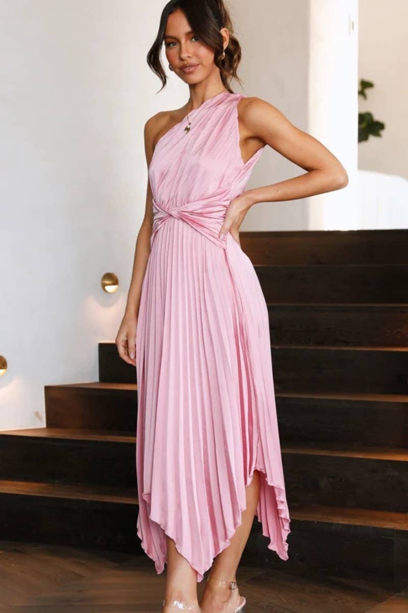 CWDMD1912_SEXY SLEEVELESS ONE-SHOULDER PLEATED LONG DRESS