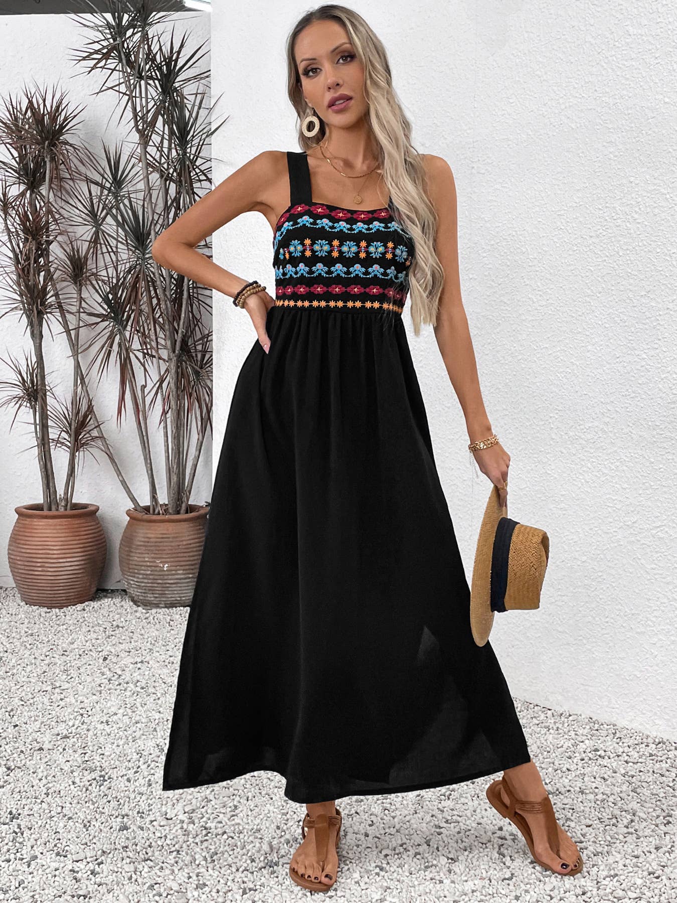 Boho embroidered floral patchwork maxi dress