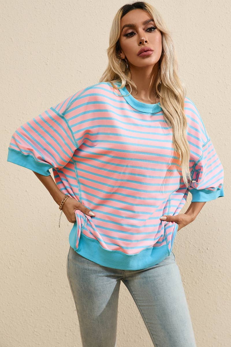 CWTBLS1225_STYLISH STRIPED PATCHWORK FIVE-SLEEVE TOP