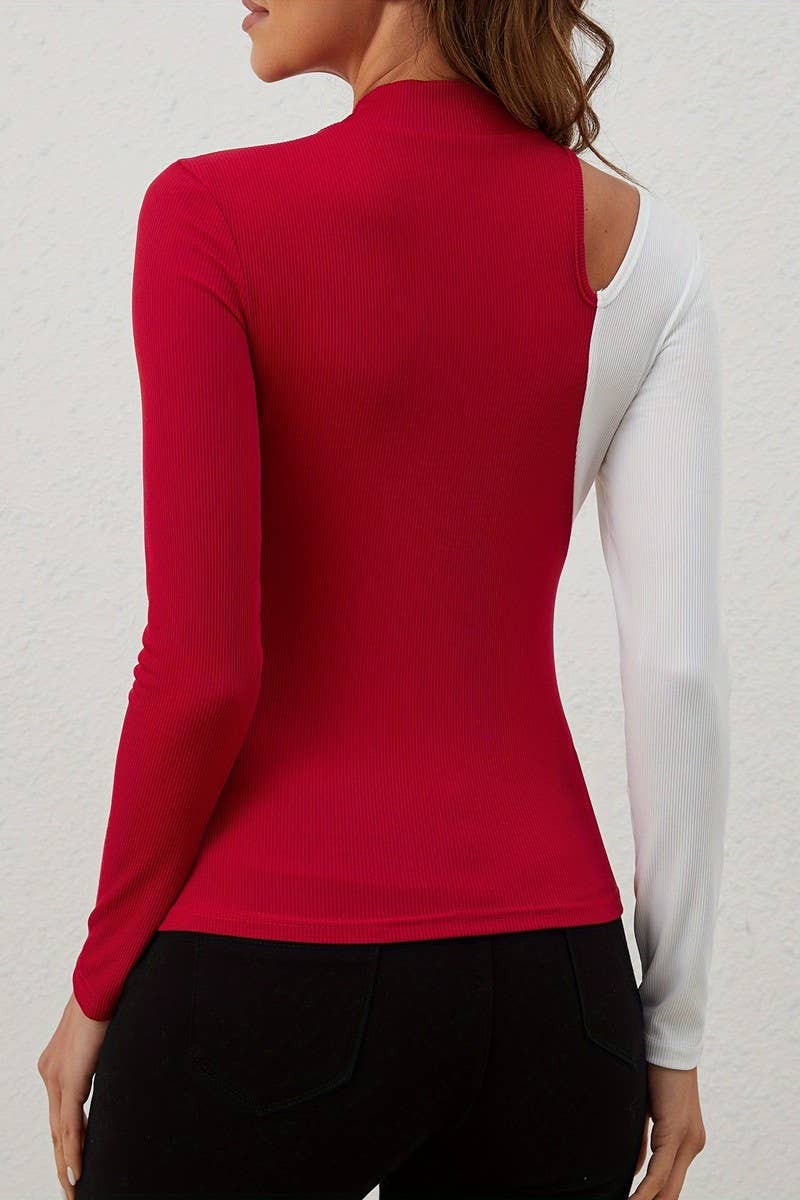 CWTBLL3526_CONTRAST COLOR STITCHING SMALL STAND COLLAR TOP
