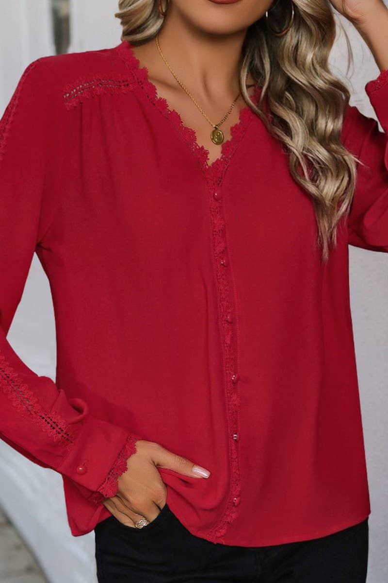 CWTBLL2280_V-NECK CASUAL LONG-SLEEVED RED SHIRT