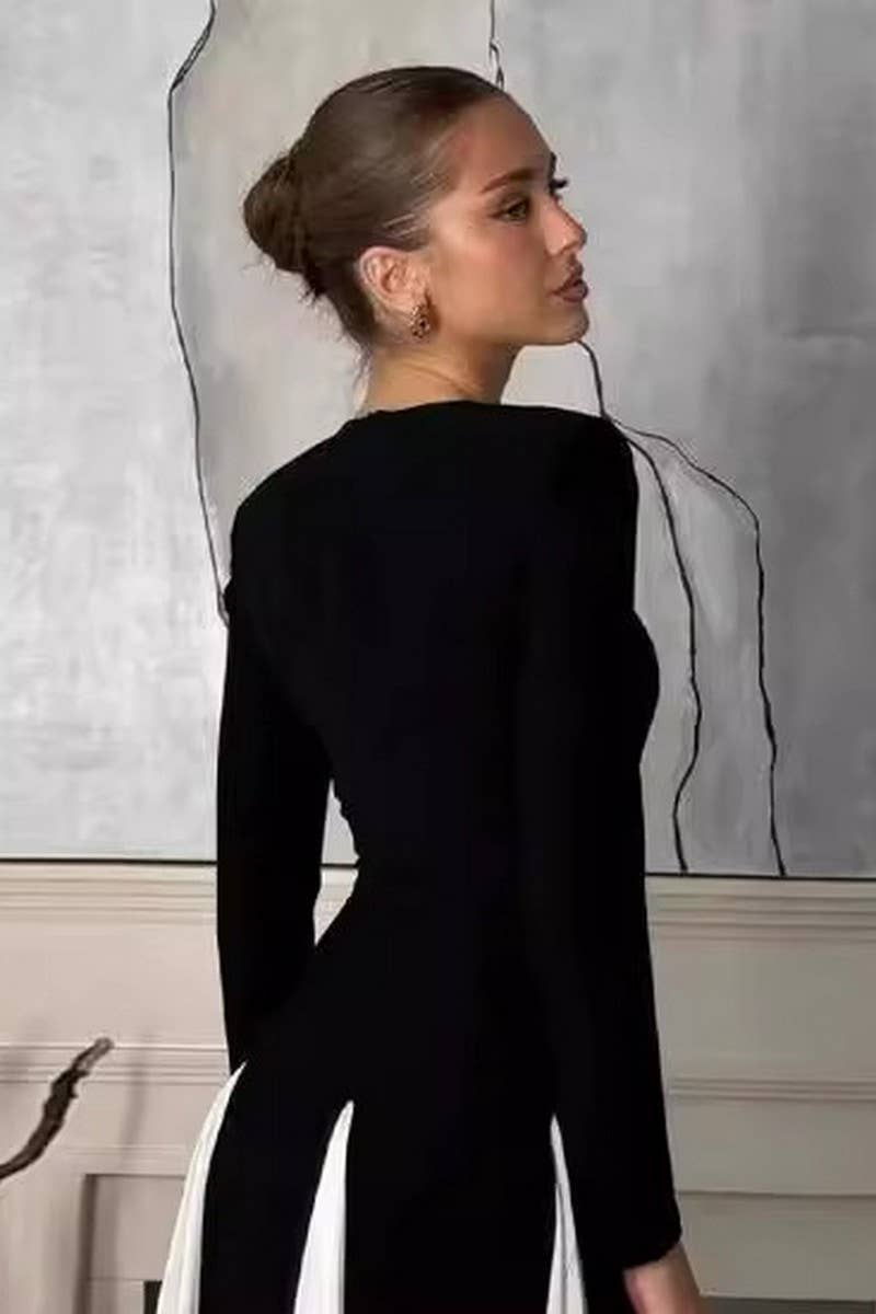 CWDMD01028_BLACK AND WHITE STITCHING LONG-SLEEVED DRESS