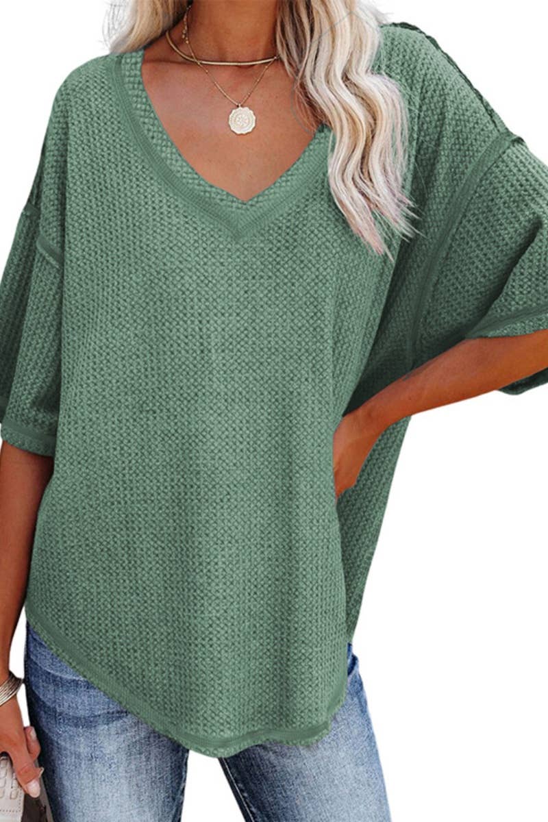 CWOSWS0099_KNIT V-NECK BAT-SLEEVED LOOSE MID-SLEEVED TOP