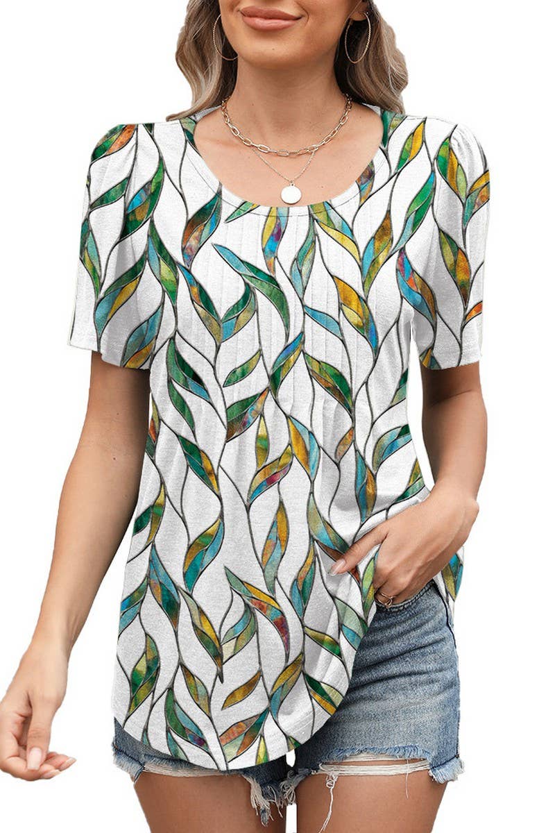 CWTBLS1724_LOOSE CREW NECK PLEATED PRINT SHORT SLEEVE TOP