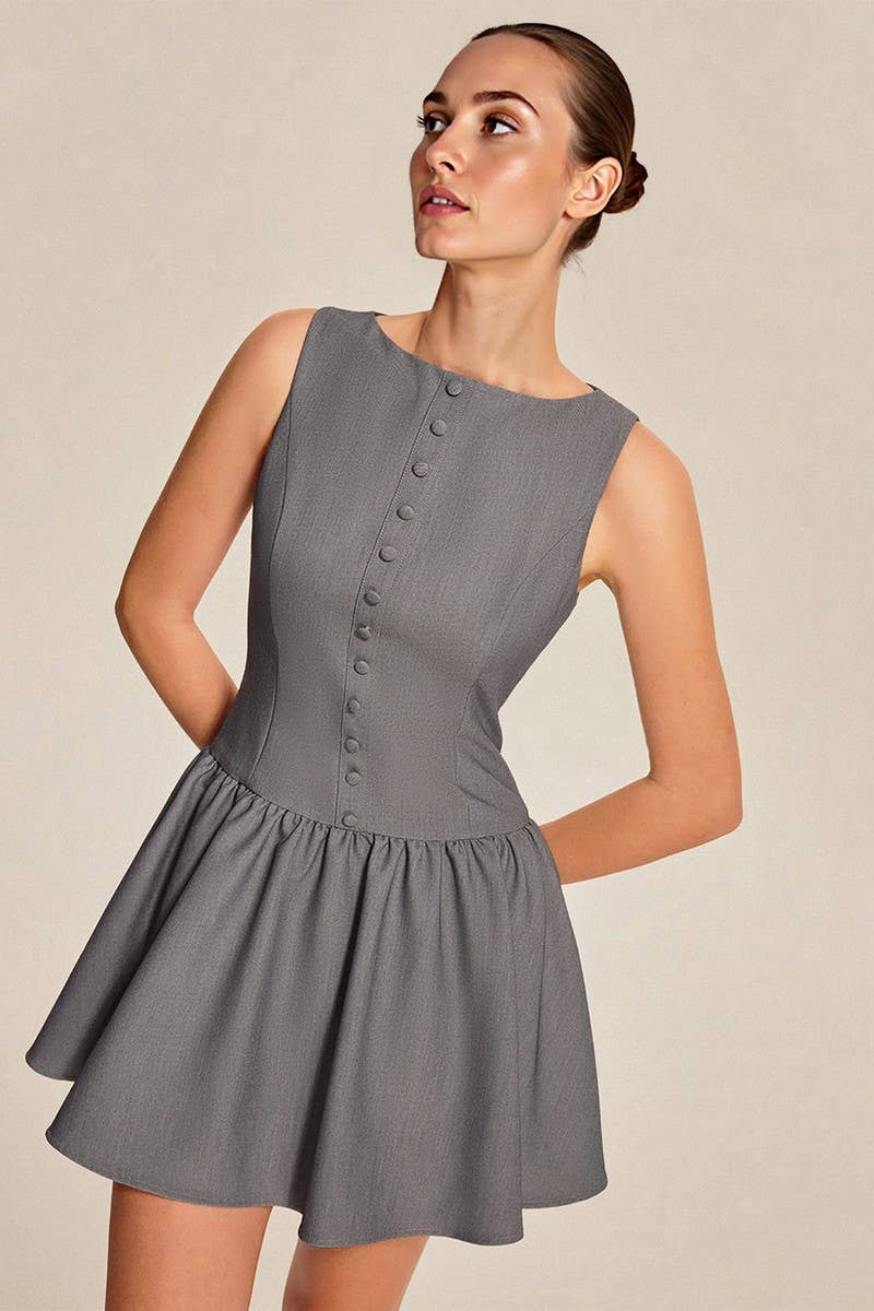 CWDSD8905_SLEEVELESS BUTTON A-LINE RUFFLE MINI DRESS