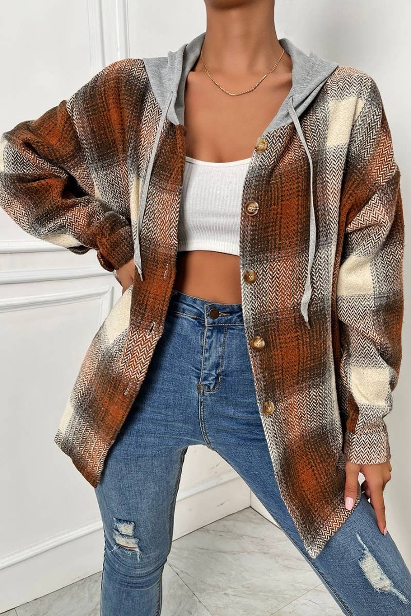 CWTSTL2091_HOODED SINGLE-BREASTED PLAID LONG-SLEEVED COAT