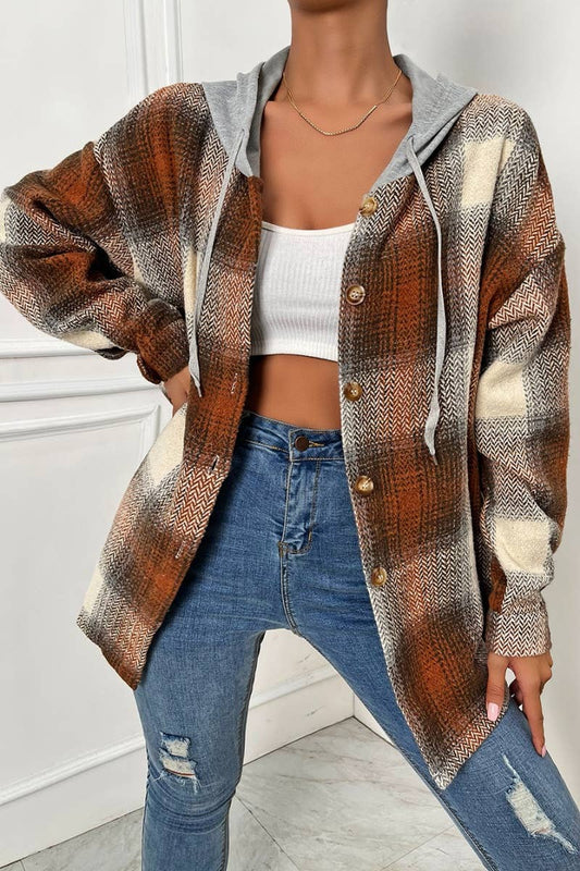 CWTSTL2091_HOODED SINGLE-BREASTED PLAID LONG-SLEEVED COAT
