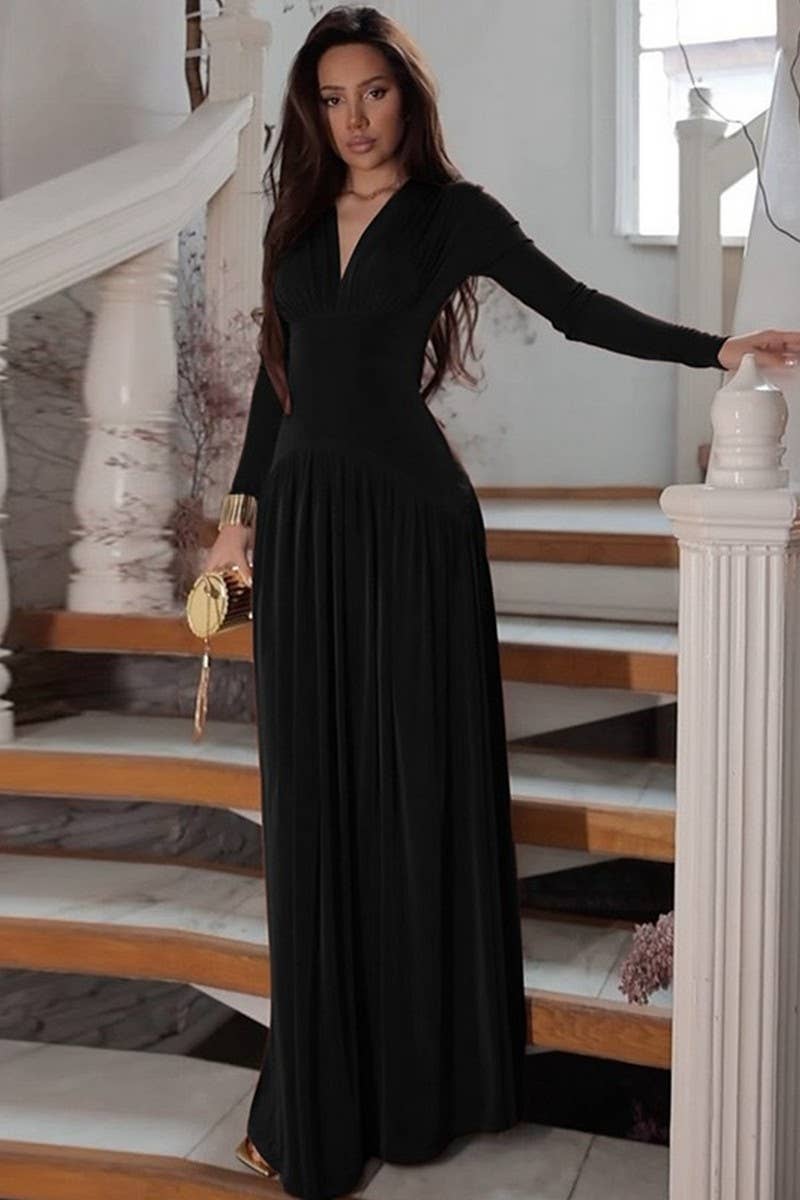 CWDMD01205_V NECK RUCHED WAIST SOLID MAXI DRESS