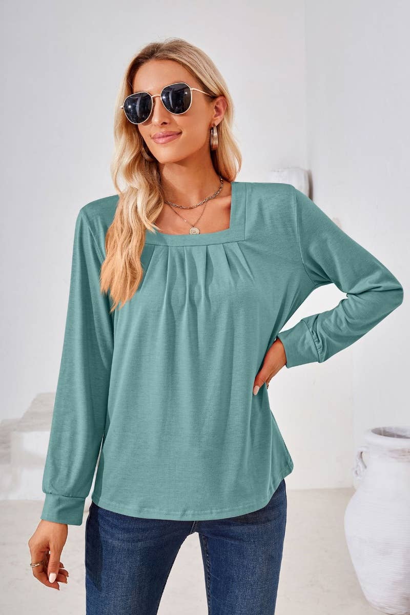 CWTBLL2796_FALL SQUARE NECK PLEATED LONG SLEEVE TOP