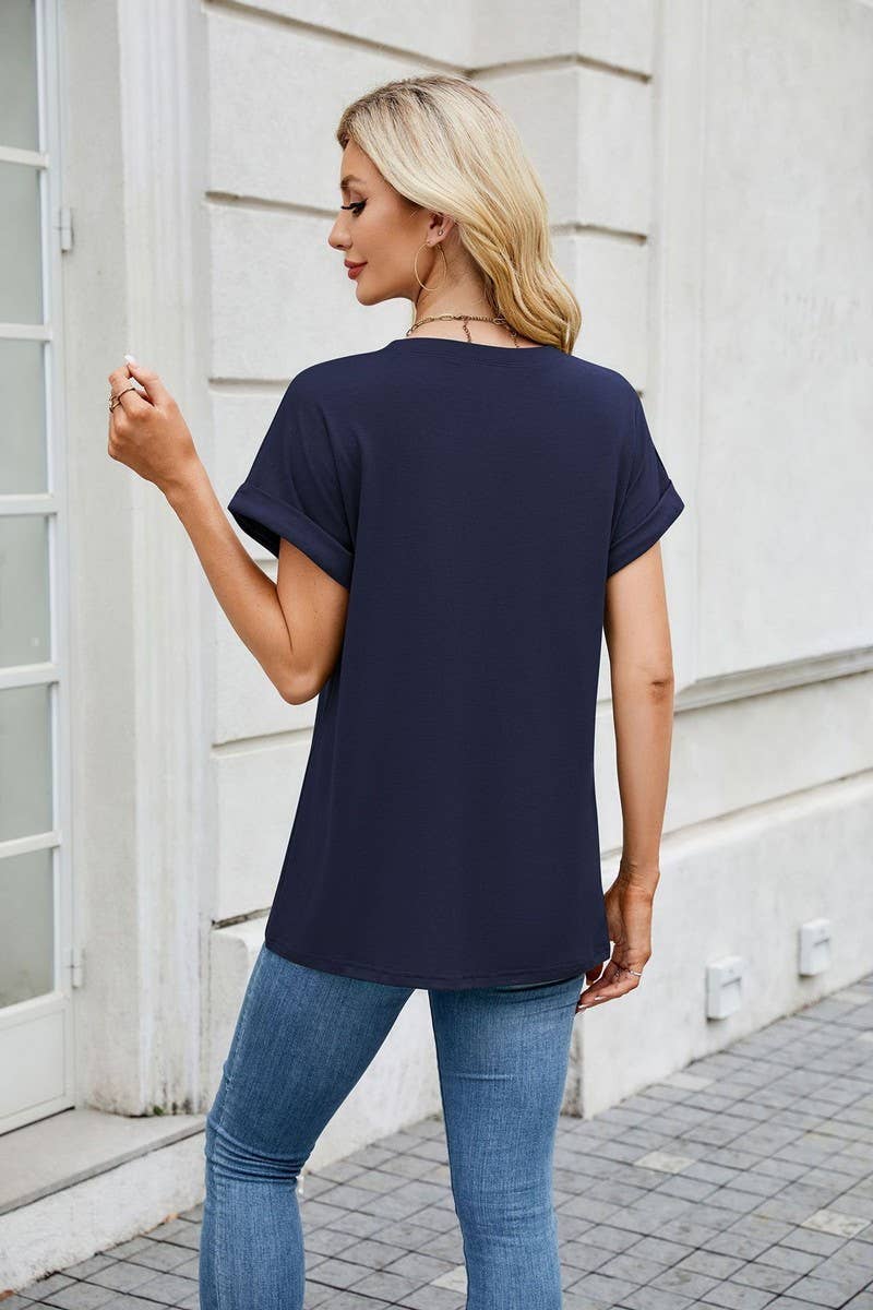 CWTBLS1728_SOLID COLOR ROUND NECK T-SHIRT SHORT SLEEVE TOP