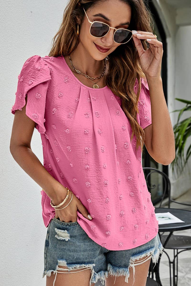 CWTBLS0342_Round neck Short Puff Sleeve Blouse