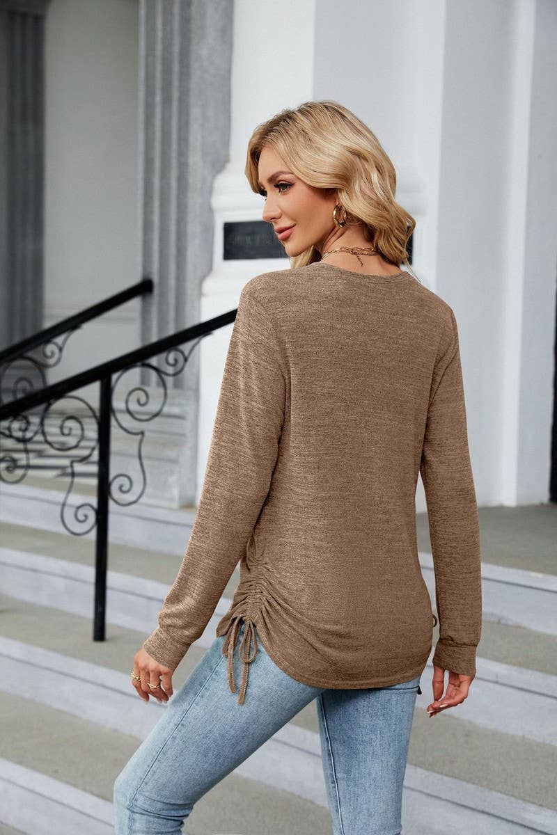 CWTBLL1845_V-NECK DRAWSTRING SOLID COLOR LOOSE T-SHIRT TOP