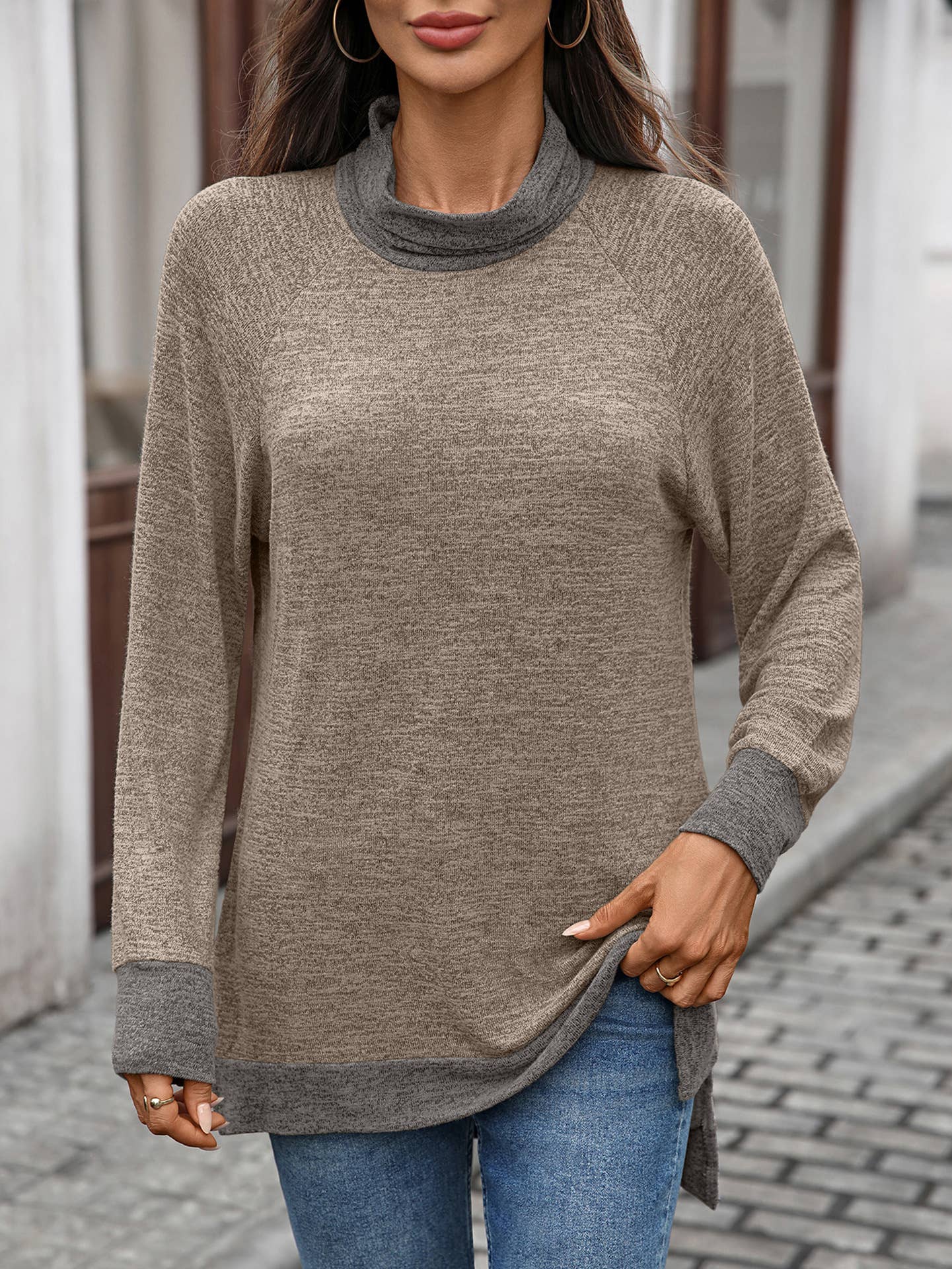 Color-blocking high-neck loose long-sleeved Top