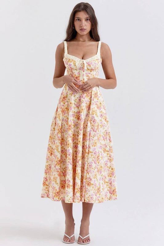 CWDMD5631_RUFFLED FLORAL SLIT SLING MIDI DRESS