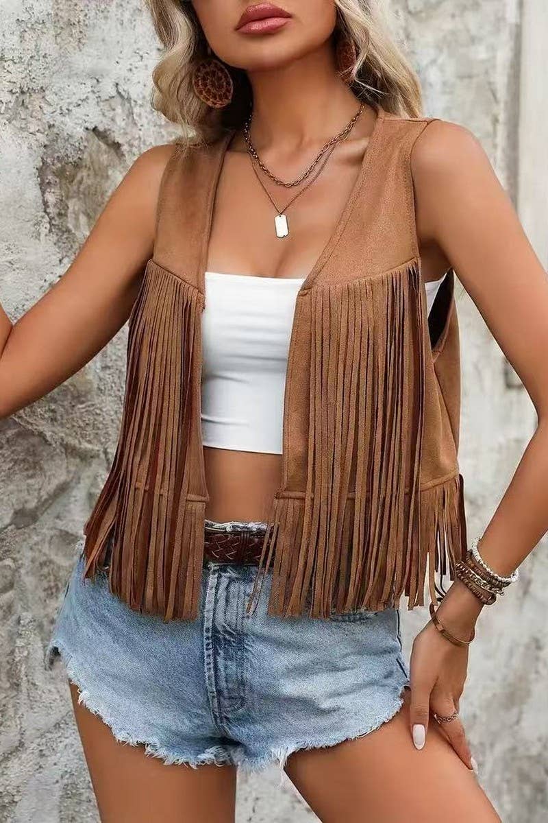 CWOCASL0053_SUMMER CASUAL RETRO CARDIGAN TASSEL VEST