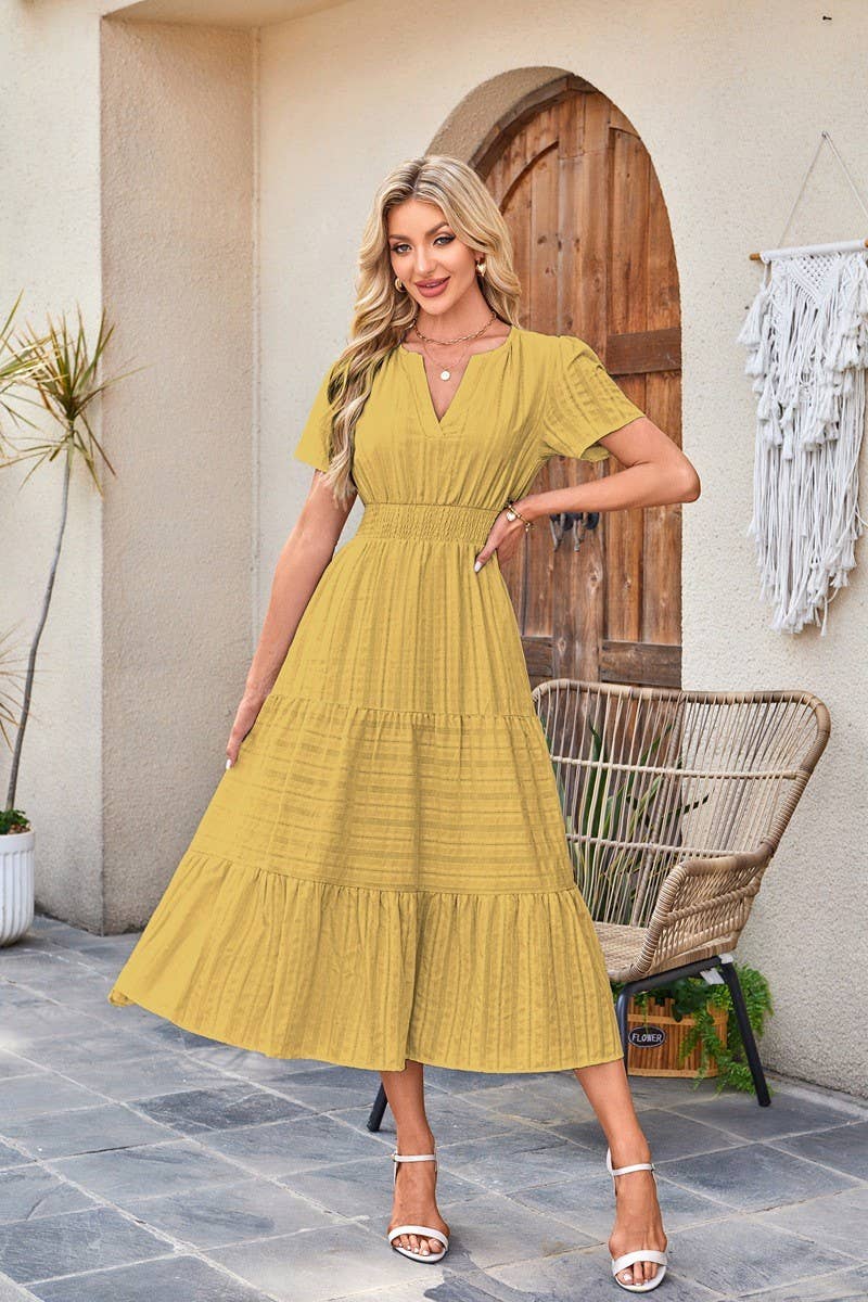 CWDMD6338_V-NECK PLEATED PUFF SLEEVES LONG-SLEEVED DRESS