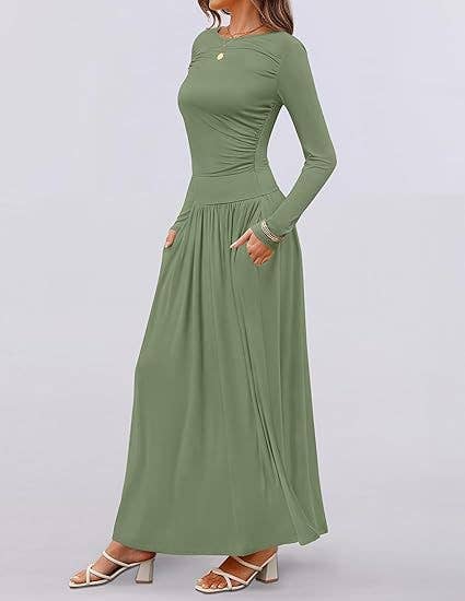 CREW NECK PLEATED POCKET SLIM LONG-SLEEVE DRESS