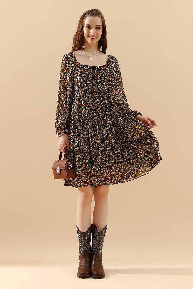 CWDSD1399-B_LONGSLEEVE SQUERE NECK SHORT MINI DRESS