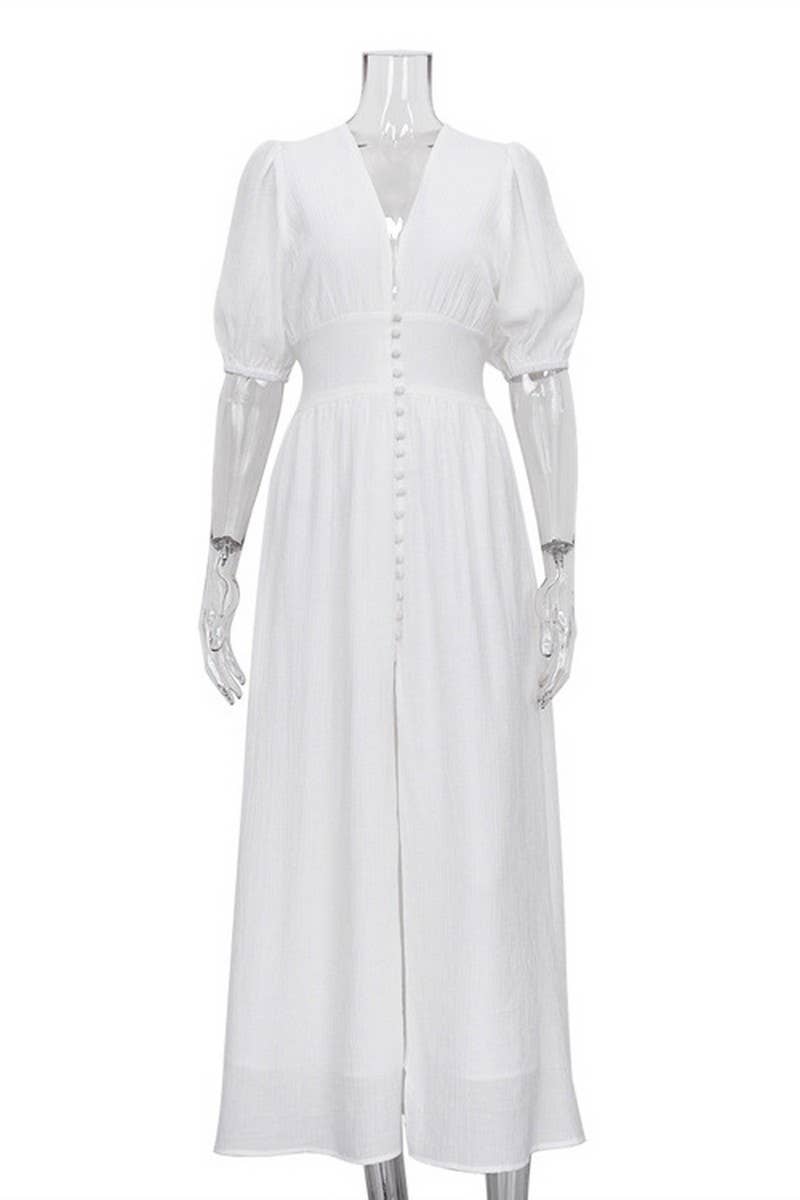 CWDMD3468_V-NECK BUTTON PUFF SLEEVE SLIM-FIT SLIT MAXI DRESS