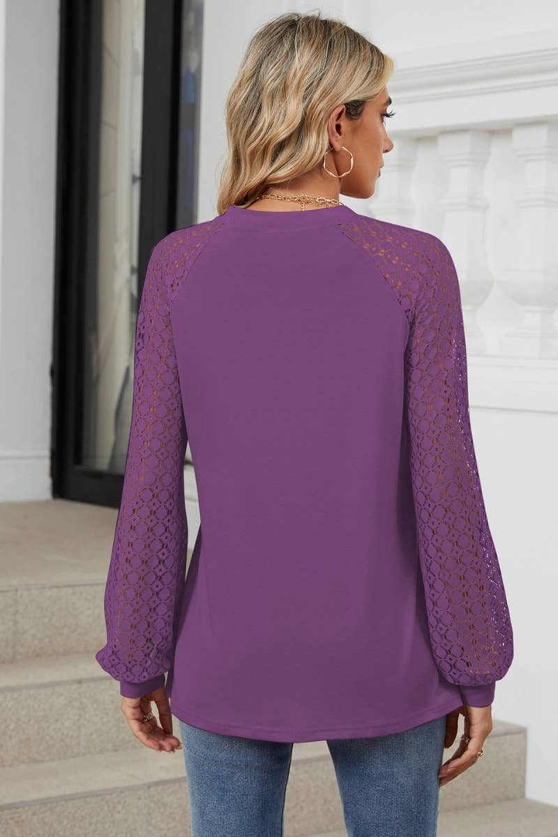 CWTBLL2860_CREW-NECK LACE PATCHWORK LONG-SLEEVED TOP