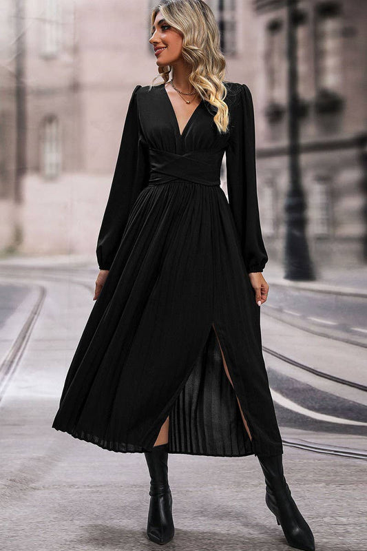 CWDMD3562_SOLID COLOR LONG SLEEVE V-NECK MIDI DRESS