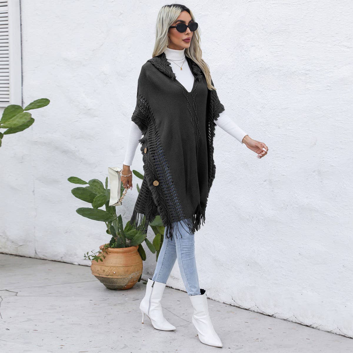 Casual loose V tie hat pullover cape coat