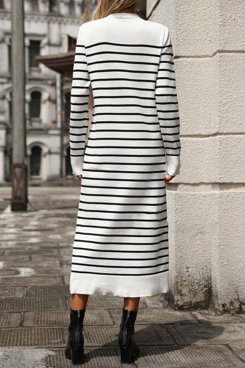 CWDMD4023_ROUND NECK LONG SLEEVE STRIPED DRESS LONG STYLE