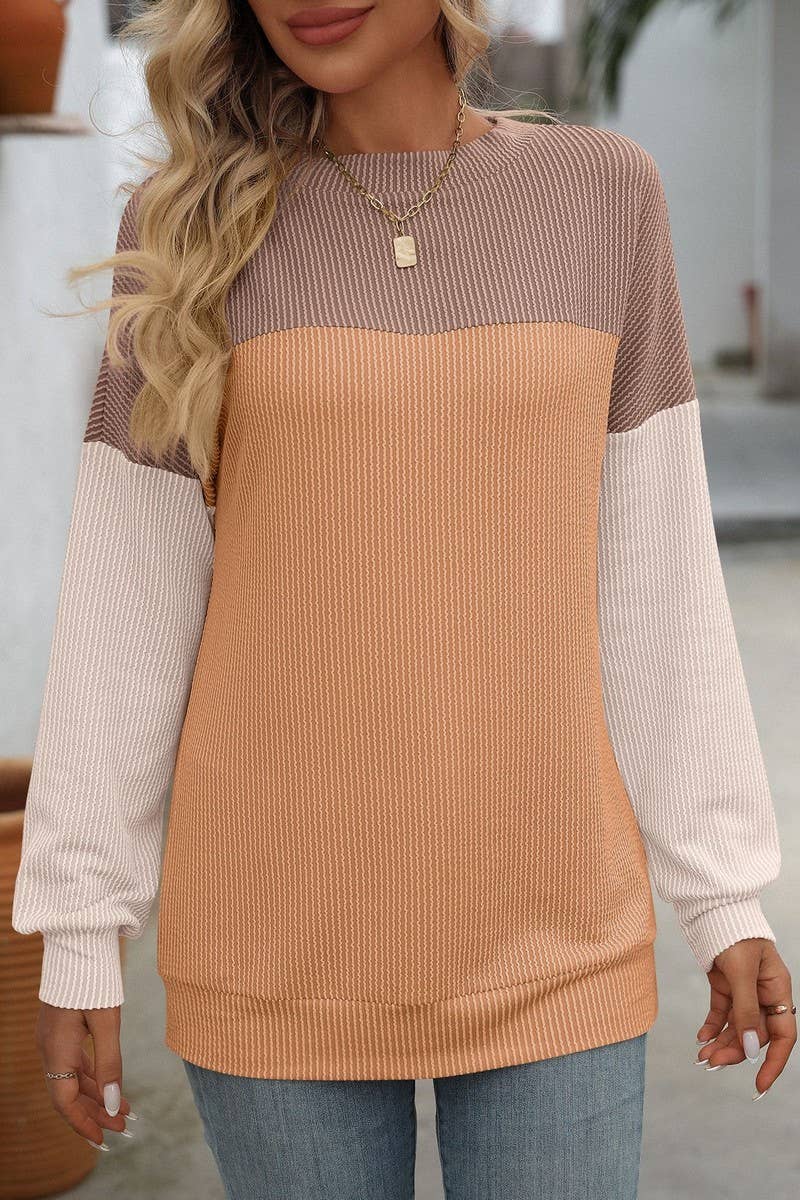 CWTBLL1490_ROUND NECK TWIST COLOR BLOCK LONG SLEEVE T-SHIRT